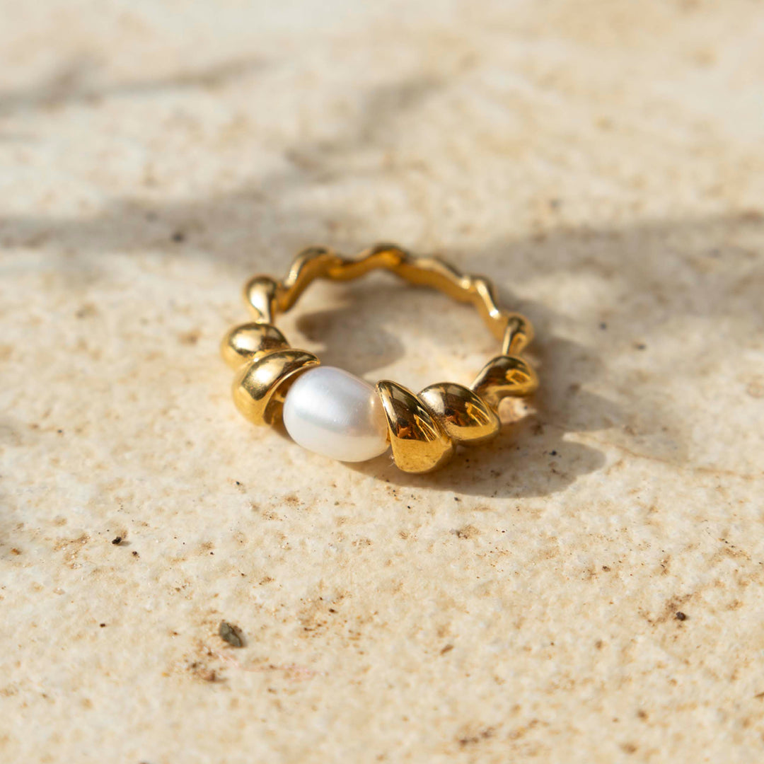 Ring | Süßwasser Perle Titan Stahl 14K vergoldet