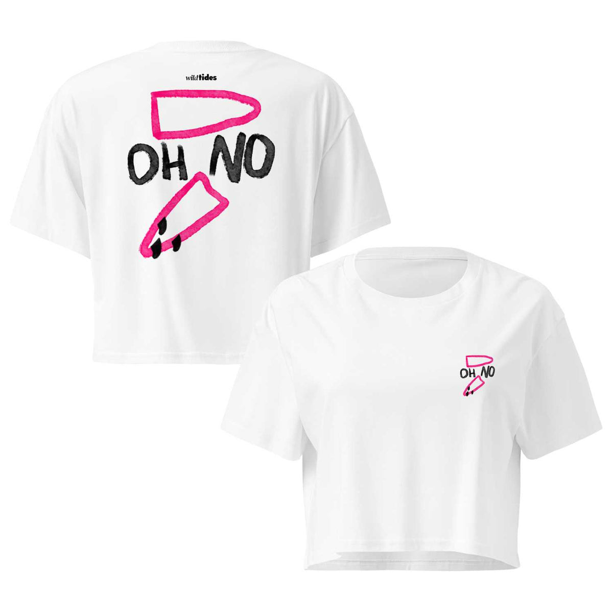 "OH NO" Crop Shirt Damen Vorderanocht Rückenansicht mit gebrochenem Surfbrett-Print in weiß von wildtides