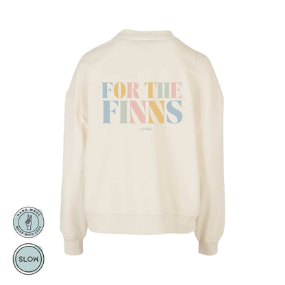 Großer Rückendruck 'FOR THE FINNS' in Pastellfarben – nachhaltiger Statement-Sweater