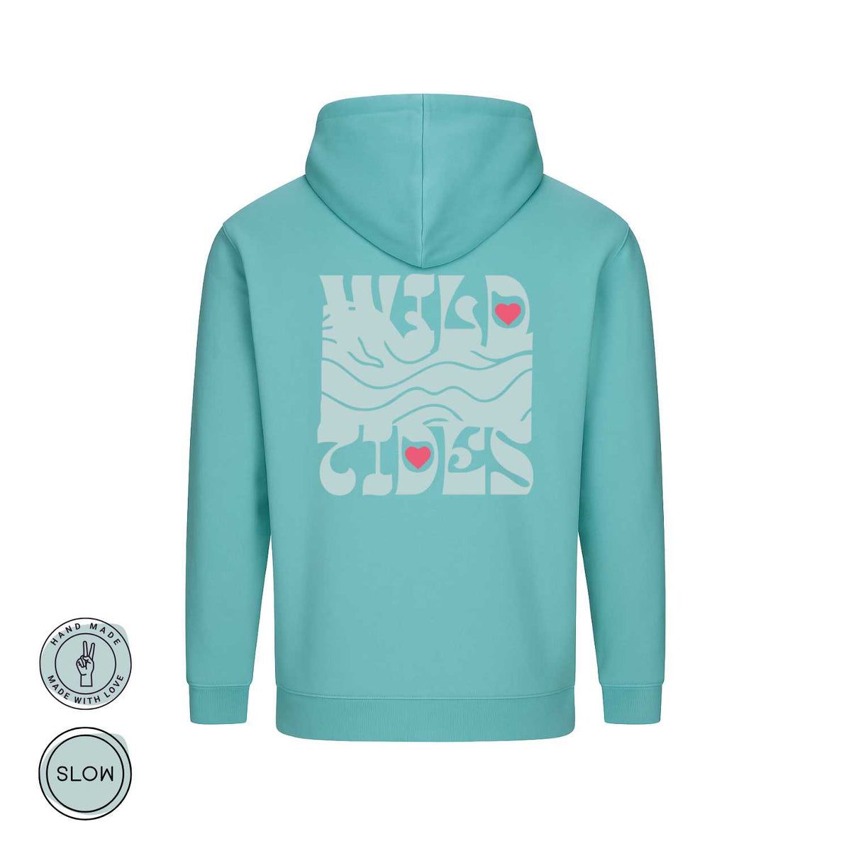 Unisex Hoodie in Mintgrün mit Wild Tides 80s Waves Rückendruck und Herzsymbol, handmade DTF Veredelung – Produkt Rückansicht