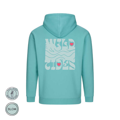 Unisex Hoodie in Mintgrün mit Wild Tides 80s Waves Rückendruck und Herzsymbol, handmade DTF Veredelung – Produkt Rückansicht