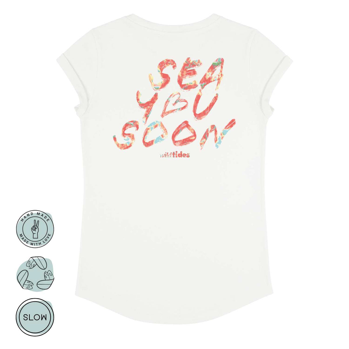Rückansicht des Sea You Soon T-Shirts in Weiß für Damen