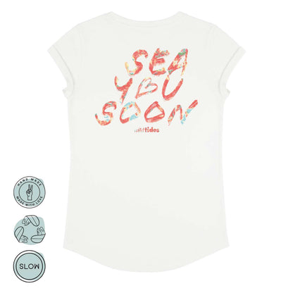 Rückansicht des Sea You Soon T-Shirts in Weiß für Damen