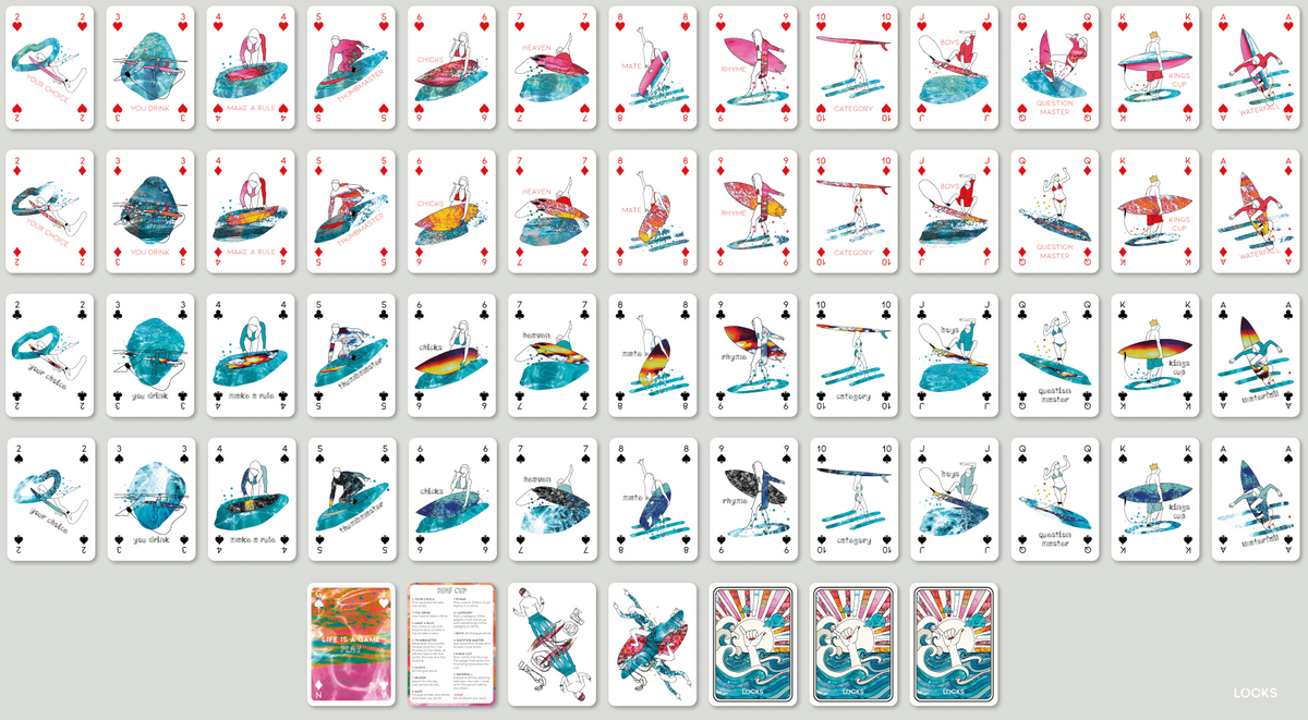 Komplettes Deck der Surf Cup Spielkarten ausgebreitet