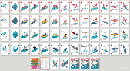 Komplettes Deck der Surf Cup Spielkarten ausgebreitet